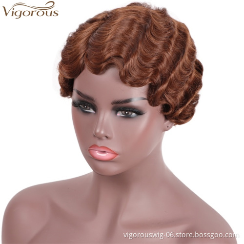 Vigorous Wholesale Price Cheap Short Pixie Cut Brown Wig for Black Women Wave Synthetic Wigs High Temperature